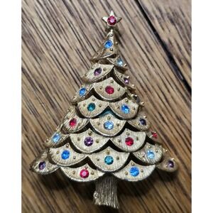 Vintage JJ Jonette Christmas Tree Brooch Pin Signed‎ Gold Tone Rhinestones Star